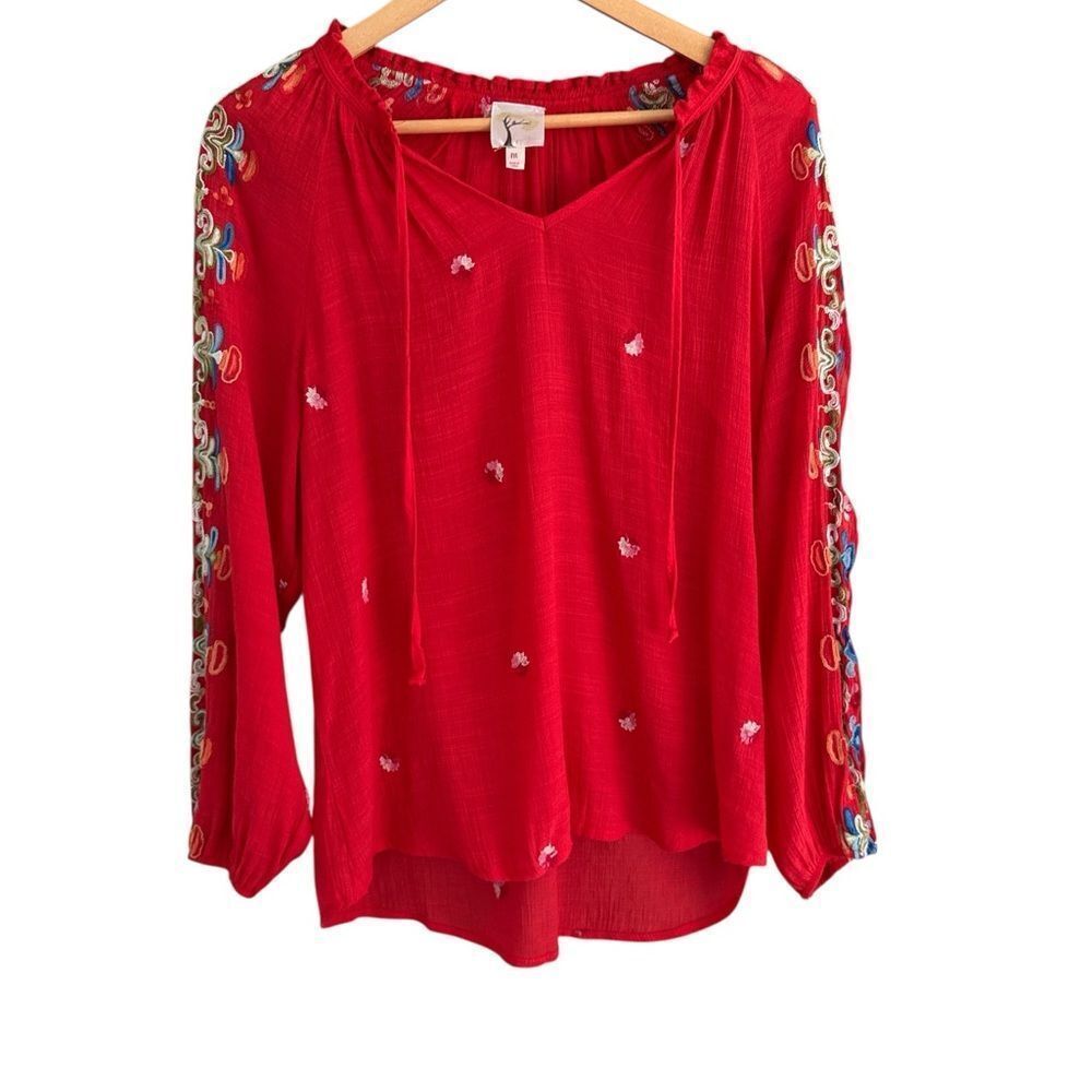 fig and flower Red Embroidered Boho Peasant Blouse